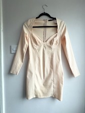 PrettyLittleThing Cream Corset Bodycon Mini Dress Long Sleeve UK 12 EU 40 Party