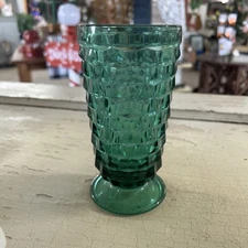 VTG Teal Blue Green Whitehall Colony Indiana Glass Footed Ice Tea Glass Cubist
