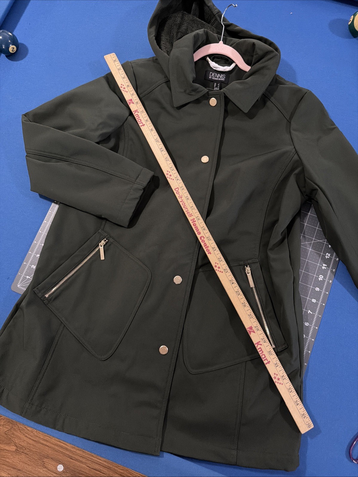 Dennis Basso Coat Women’s L Forest Green Hooded Snap Front Water Resistant - New