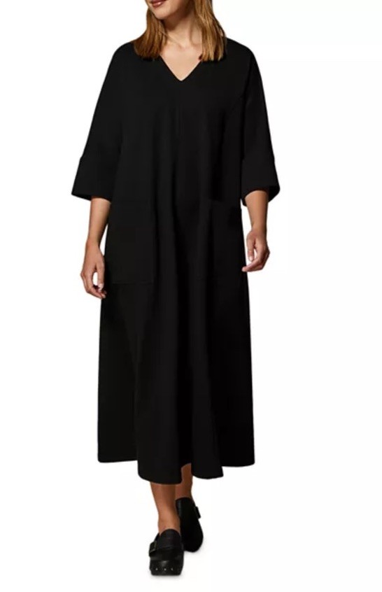 MARINA RINALDI OFFSIDE JERSEY DRESS MIDI 3/4 SLEEVE NAVY SIZE M NWT