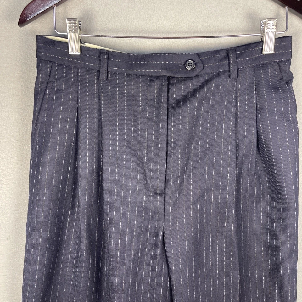 Vintage Rafaella Wool Pants Womens Sz 12 Blue Chalk Stripe Pleated Pocket Preppy - Image 2 of 4