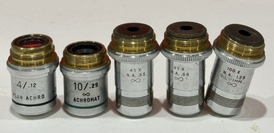 {5 pc} AO Microscope Objectives 100/1.25, 10/.25, 4/.12, 2 45/.66 Achromatic