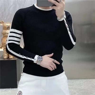 Four-bar Splicing Striped Black Knitted Sweater Men's Slim Base Shirt Ins Trendy