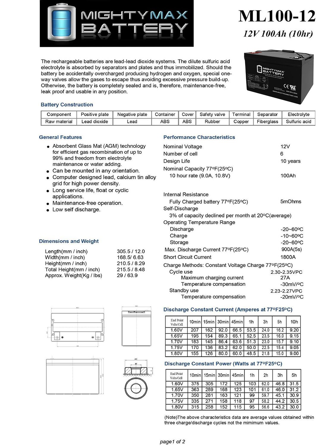 Mighty Max 12V 100Ah SLA AGM Battery for SUNTECH Solar Panels