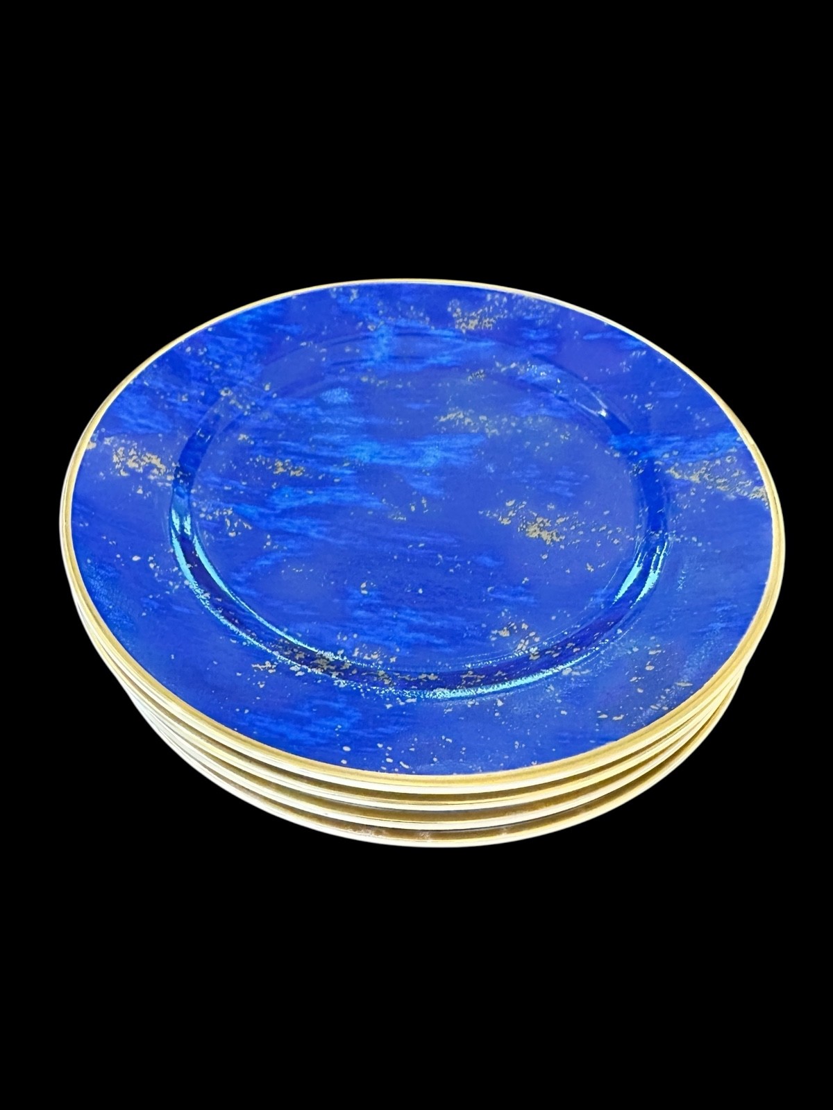 L’OBJET FOR NEIMAN MARCUS 6-5/8" BREAD PLATES SET OF 4 LAPIS BLUE LAZULI & GOLD