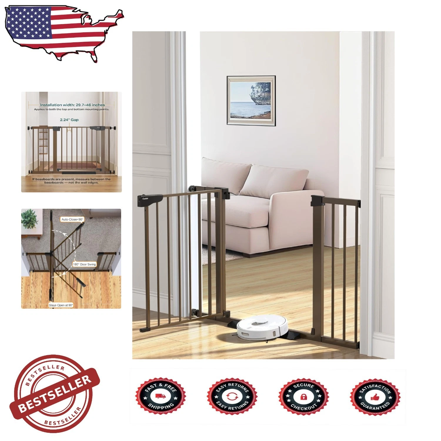 Mom's Choice Award Baby Gate 29.7-46" Brown Auto Close Pressure Mount