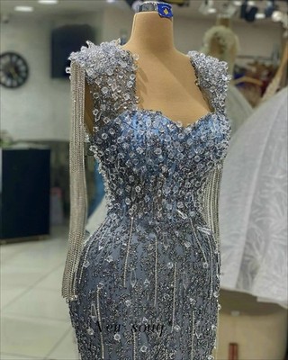 Couture Haze Blue Long Mermaid Evening Dresses with Slit Crystals Stone Chains