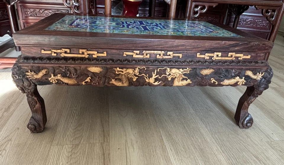 Antique Vintage Chinese Hardwood  Table With Cloisonne Inlay on Top - Image 2 of 4