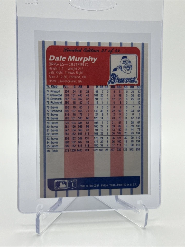 1986 Fleer League Leaders Dale Murphy Baseball Card #27 NM-MT FREE SHIPPING - Image 2 of 3