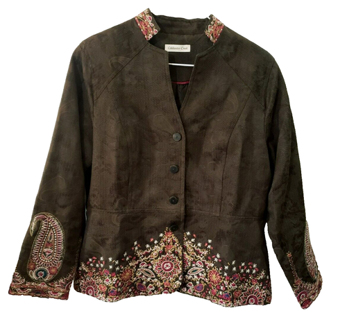 Coldwater Creek Brown W/Pink Embroidered Floral Paisley Jacket, Size Petite 14 - Picture 2 of 13