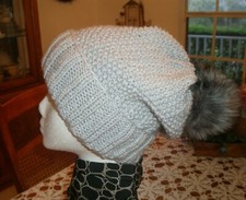 HAND KNITTED  Women Hat  FAUX FUR  POM POM  SLOUCHY HAT  NEW