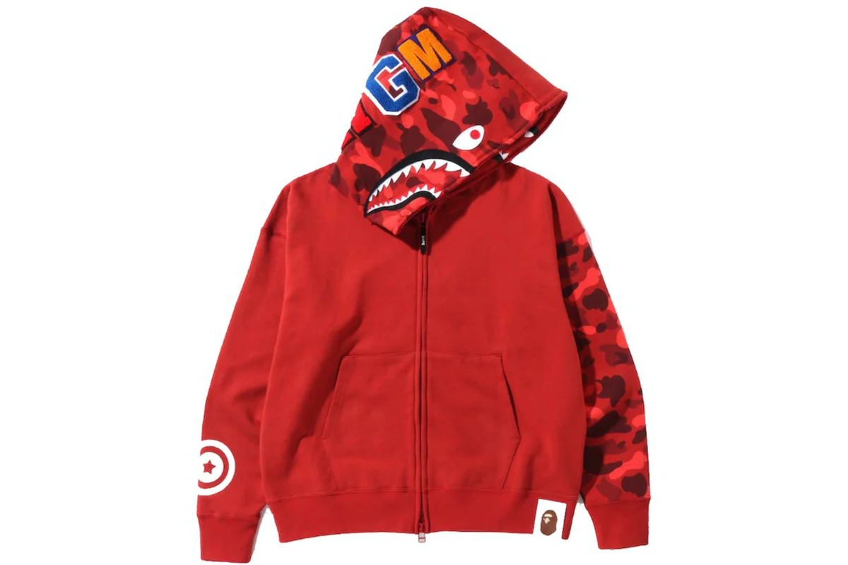 Bape Color Camo Giant Shark Loose Fit Full Zip Hoodie Red Bape Color Camo Giant Shark Loose Fit Full Zip Hoodie Red