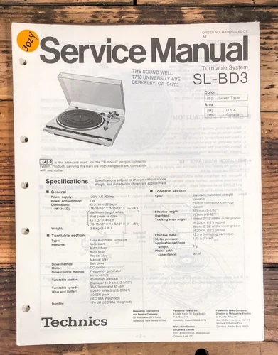 Technics SL-BD3 Record Player / Turntable  Service Manual *Original*