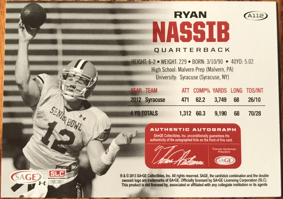 2013 SAGE HIT Autographs Gold Ryan Nassib #A112 Syracuse Orange #’d 048/250 - Image 2 of 2