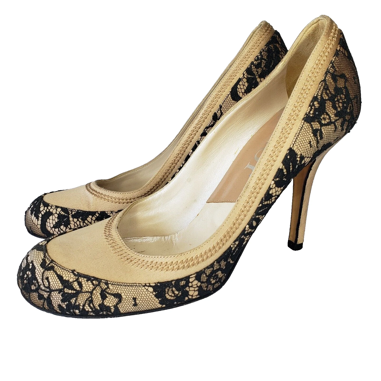 Escarpins satin beige Christian Dior talons hauts dentelle noire taille 39 UE 8,5 États Unis Italie