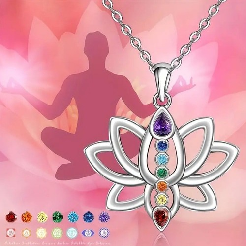 Schöne 7 Chakra Halskette mit Lotus Anhänger, Yoga Chakra Heilstein