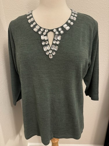 Cathy Daniels XL NEW Gray Keyhole Neck Sweater Rhinestone Embellished 3/4 SLV - Picture 2 of 7