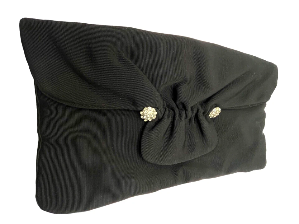 Cartera sin asas con botones de estrás negra sobre vintage años 60 cremallera garbardine Foto 2 de 4