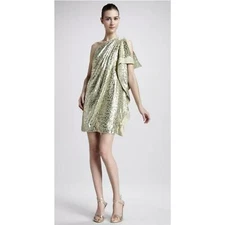 MARK + James Badgley Mischka Gold Silk One Shoulder Brocade Caftan Dress Sz. S