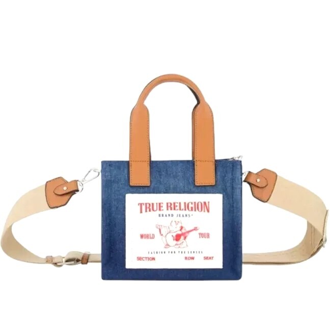 TRUE RELIGION TR Mini Denim Tote Bag Purse Crossbody Dark Denim