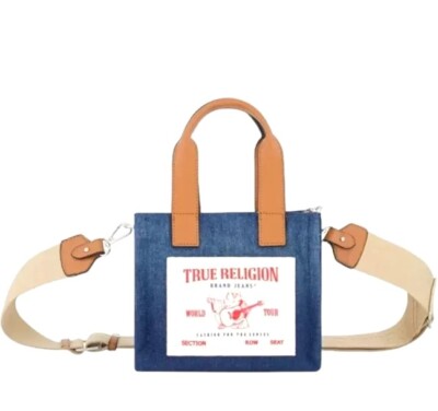 TRUE RELIGION TR Mini Denim Tote Bag Purse Crossbody Dark Denim