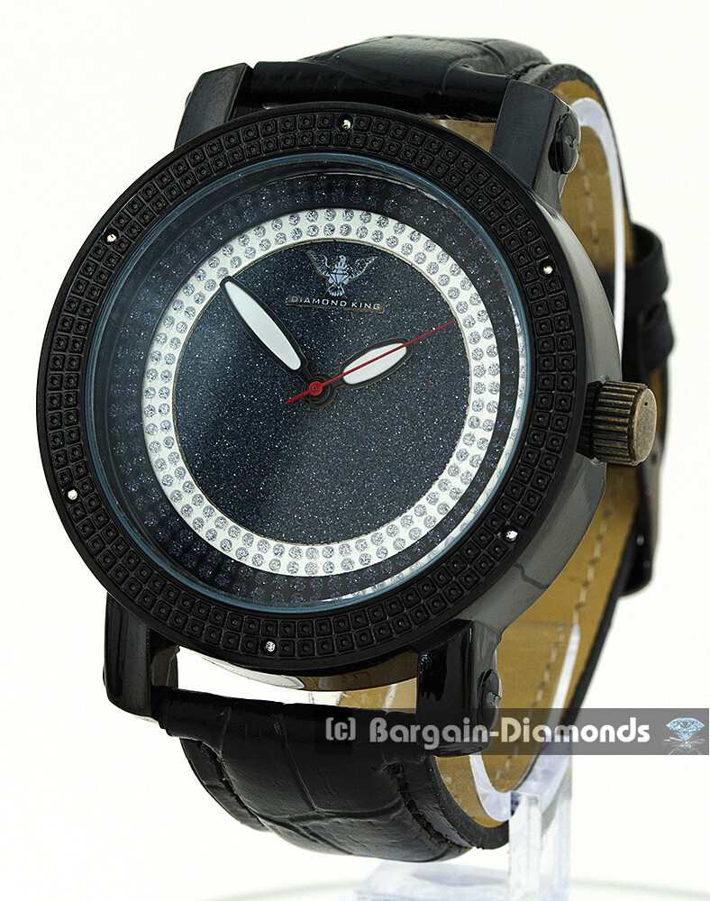 Mens 50 mm Black Natural Diamond Business Clubbing Watch Leather