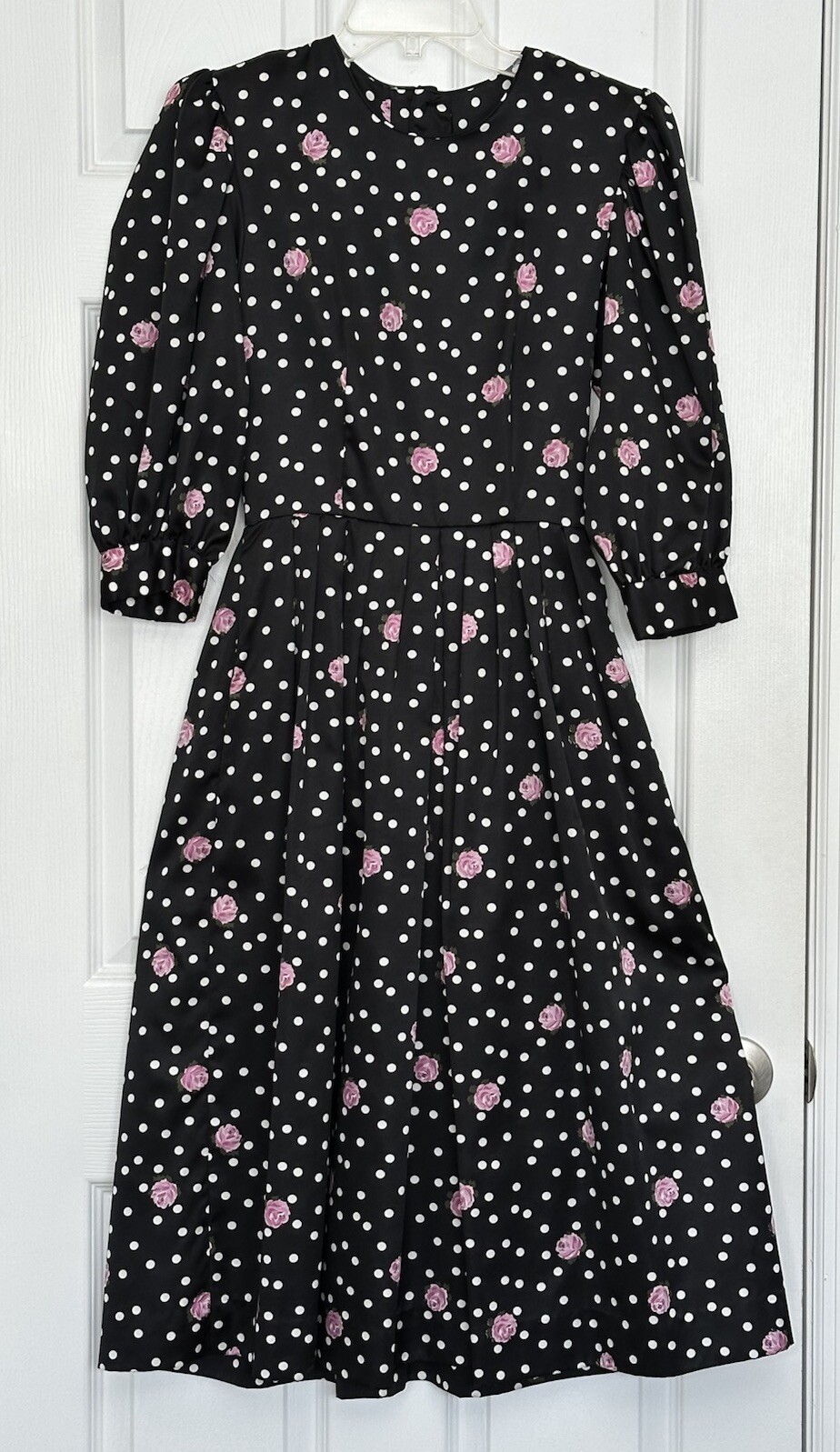VTG Lang Originals USA Pinup Dress Rockabilly Black White Polka Dot Roses Size 4