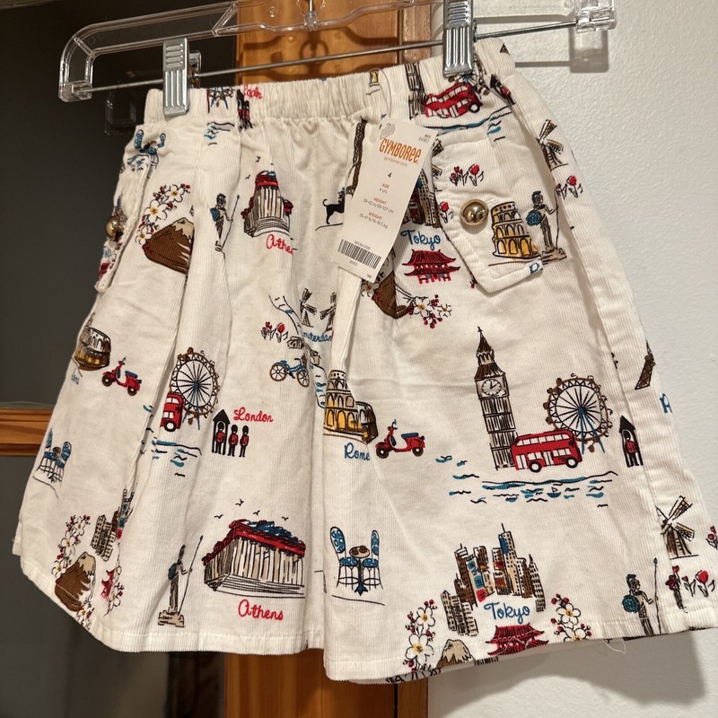 Gymboree Corduroy Skirt White W City Sky Lines London Athens Size 4 & Pockets 