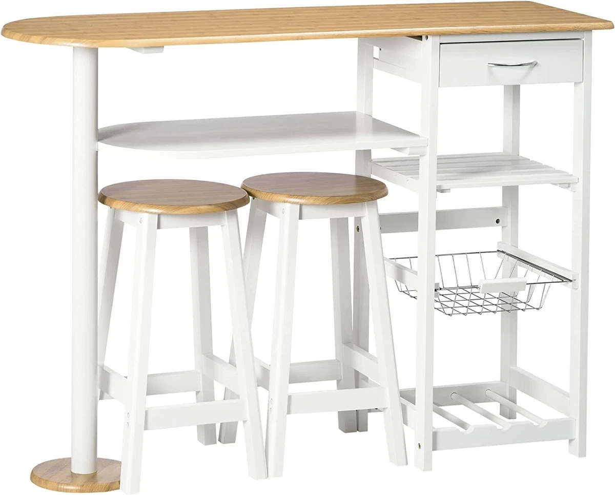 Narrow Breakfast Table 3Pcs Set Bar Stools Wine Rack Drawers Basket Unit Natural