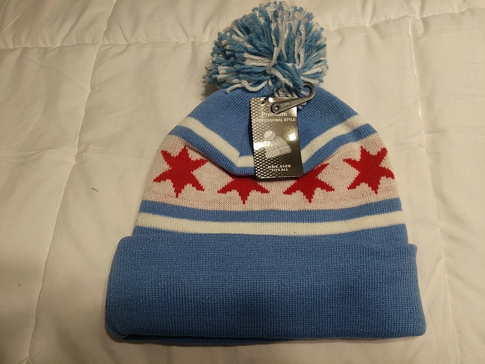 Sombrero de pompón tejido con bandera de Chicago Foto 2 de 3