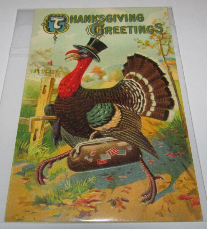 Embossed Thanksgiving Greetings Postcard Turkey Trot Suitcase Pardon Vacation
