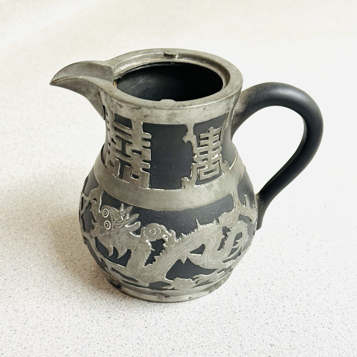 Chinese Dragon Hsin Ho Cheng Weihaiwei Yixing Pewter Black Teapot