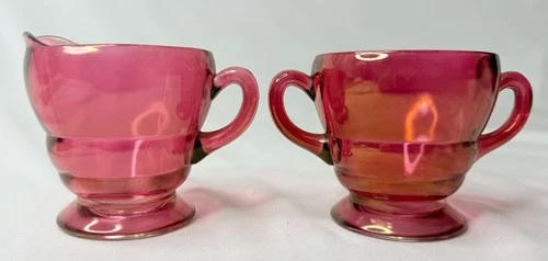 VTG NEW MARTINSVILLE MOONDROPS RUBY RED DEPRESSION GLASS SUGAR AND CREAMER