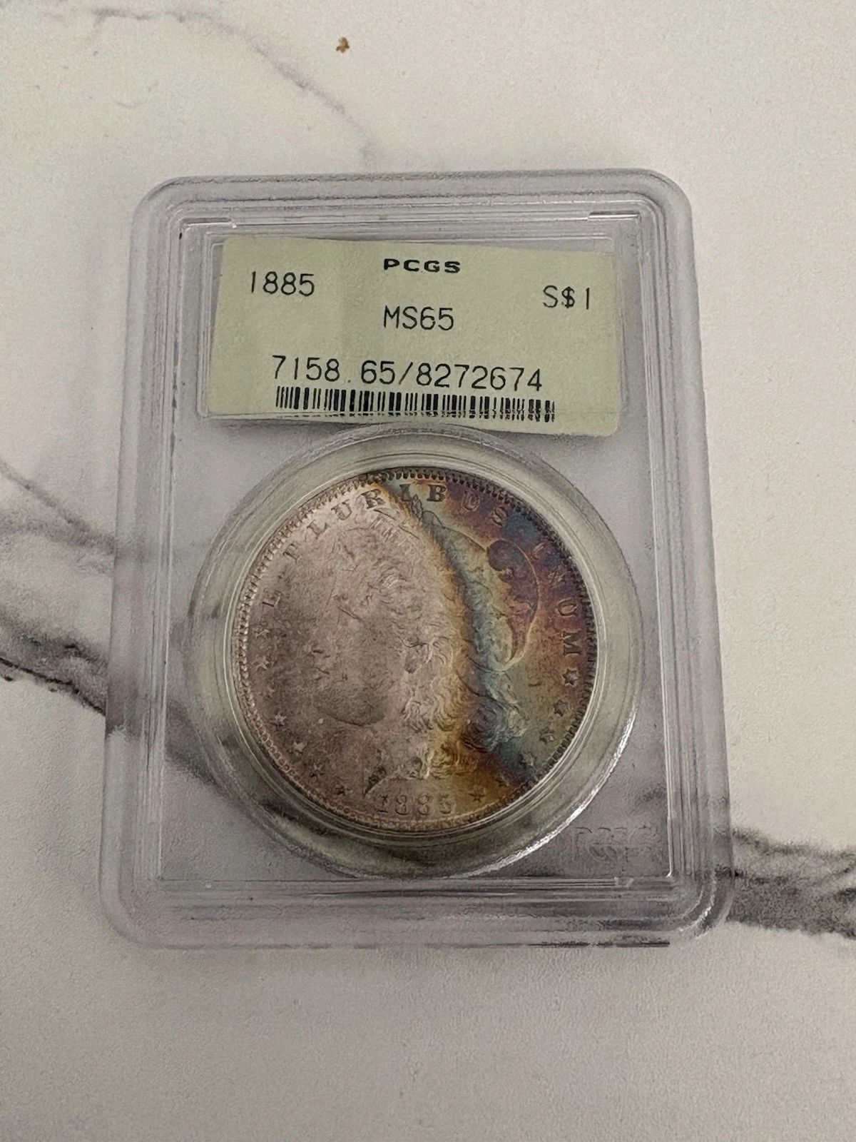 1885 Morgan Silver Dollar PCGS Graded OGH MS65 Monster Rainbow Toning Wow!