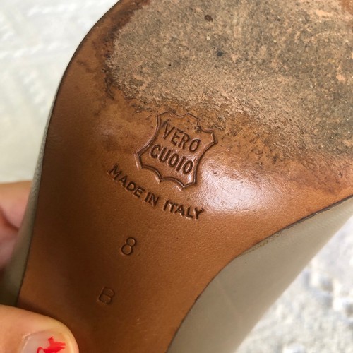 Vintage 80s Perry Ellis Portfolio Taupe Leather Pumps Green Diamond Heel Detail - Picture 8 of 15
