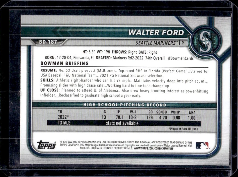 2022 Bowman Draft Walter Ford Purple 1st #170/250 Mariners - Image 2 of 2