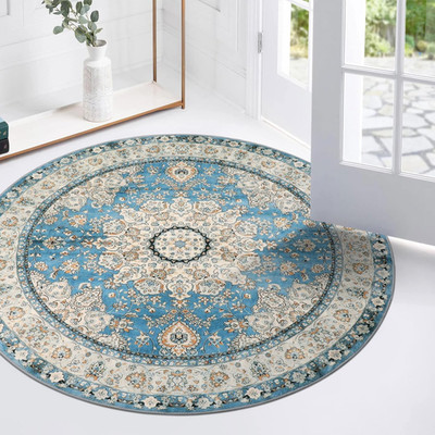 Oriental Floral Medallion round Rug - 3Ft Blue Small round Area Rug, Soft Non-Sl