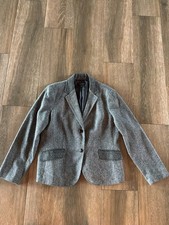Talbots tweed black/white linen herringbone blazer contrast collar/flaps size 16