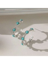 Round Turquoise C-Shaped Hoop Earrings Set With Floral Detail