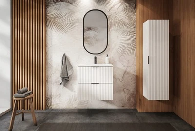 Meuble sous-lavabo suspendu FLOW façade rainurée blanc avec plateau - Photo 1/4
