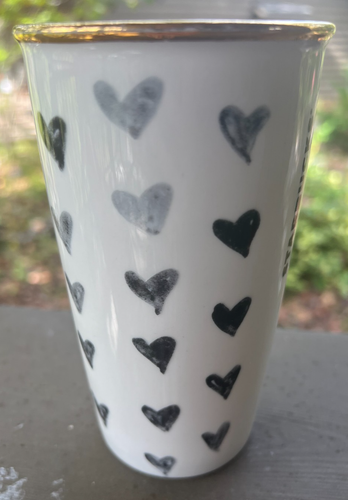 STARBUCKS BLACK HEARTS TRAVEL CERAMIC TUMBLER 12 Oz MUG CUP gold rim 2014 - Picture 3 of 11
