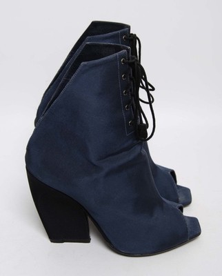 Dior Women Navy Blue Ankle Boots Fabric Lace Up Peep Toe Heel
