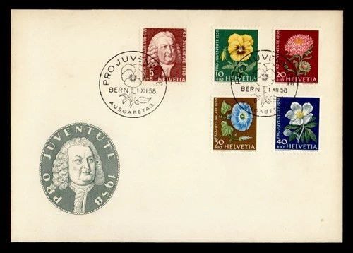 DR WHO 1958 SWITZERLAND FDC PRO JUVENTUTE FLOWER COMBO SEMI POST M77149