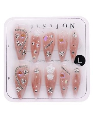 Handmade Press on Nailsong Stiletto Glossy Nude Pink Fake Nails with 3D L B04