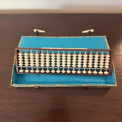 Wooden Abacus (Soroban) Carved Side Details Scroll & Duck 17 Rows White Bead Vtg