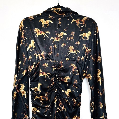 Ganni Ruched Horse Print Dress Size 36/ 8 US 4 Silk Satin Black Gold Long Sleeve - Bild 5 von 11
