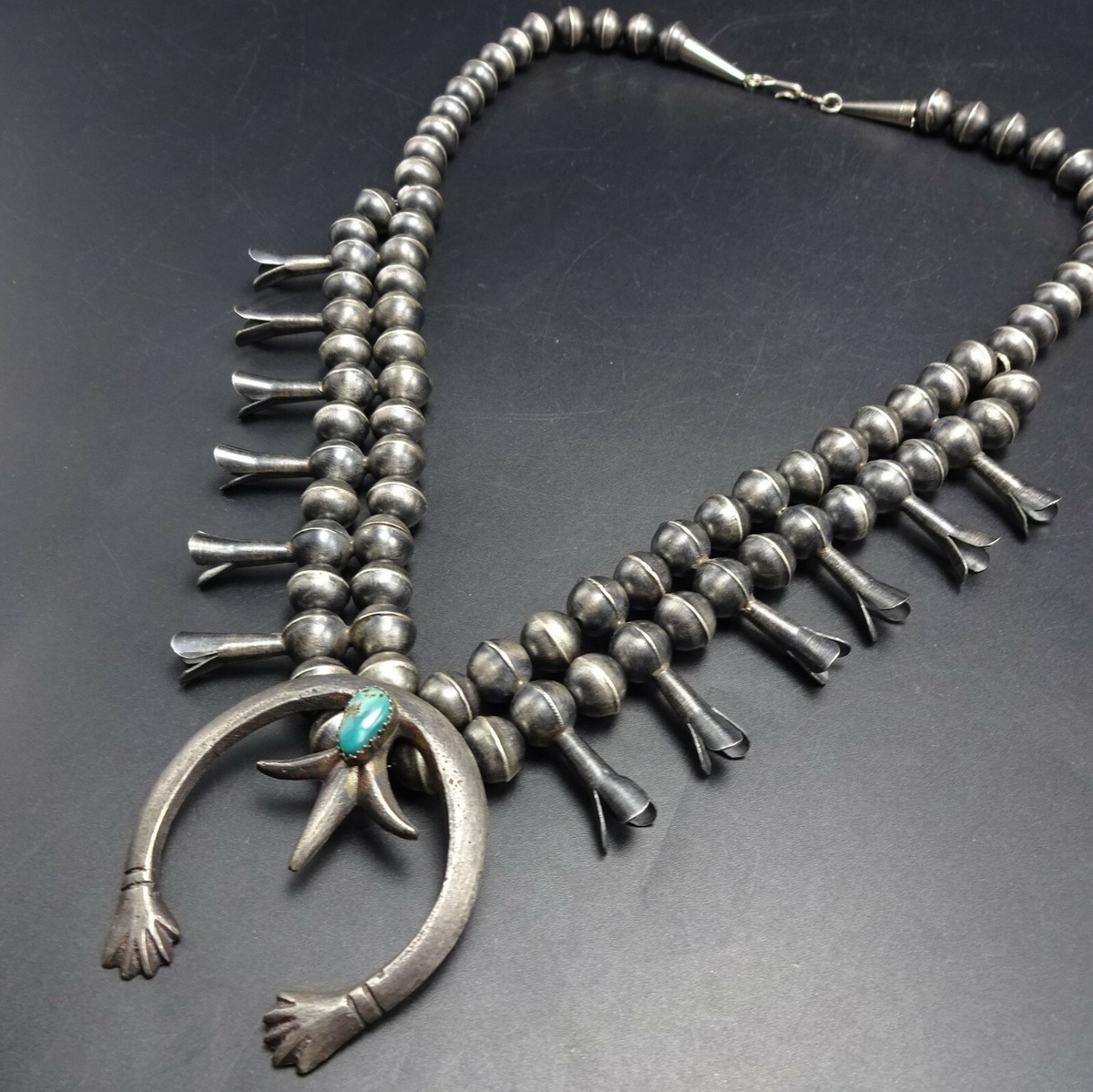 Vintage NAVAJO Sterling Silver TURQUOISE Squash Blossom NECKLACE