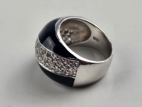 Sterling Silver Black Onyx Ring Size 6 Prong set Cubic Zirconia Thick Band - Picture 5 of 10