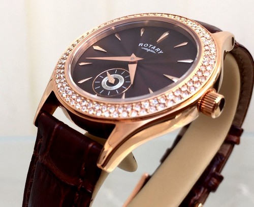 Reloj rotativo para damas correa de cuero marrón estuche enchapado en oro rosa ¡Precio de venta sugerido por el fabricante £ 179! En muy buen estado en caja - Imagen 3 de 12