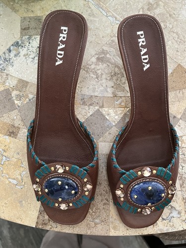 PRADA Vintage Amethyst Cabochon Embellished Slide Kitten Wedge Sandal Heels